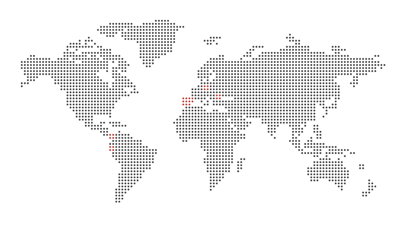 World map with areas marked in red in Europe and South America